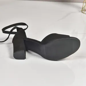 Detailed close-up of black suede block heel sandal featuring non-slip sole and strap