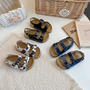 Sandali Estivi alla Moda per Bambine Scarpe da Spiaggia Basse Casual a Punta Aperta in Pelle PU Motivo Coccodrillo Denim Stampa Mucca Chiusura a Strappo