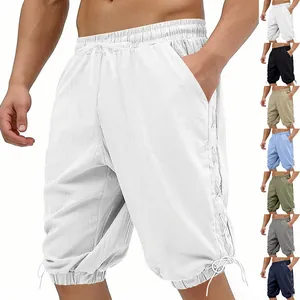 Detailed view of men's linen 3/4 pants with side lace-up design and multi-color options.