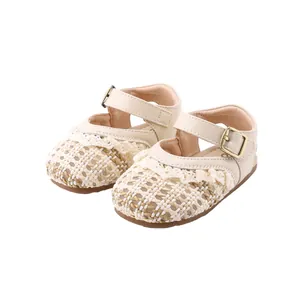 Beige Baby Prinzessin Sandalen mit gewebter Spitze und Spitze, weiche Lauflernschuhe