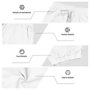 Detail view of men's linen shorts showing waistband, pockets, foot hem, and fabric texture.