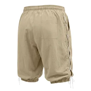 Detailed back view of khaki linen-look capri pants with white side lace-up drawstring