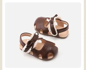 Schattige bruine prinsessensandalen voor baby meisjes met strik en kant, gesloten neus