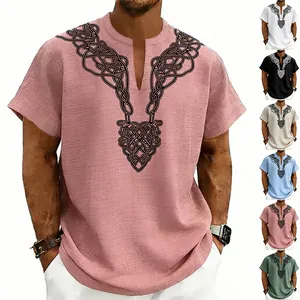 Close-up of men's linen shirt showing rune print detail and multiple available colors