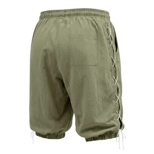 Detailed view of back pocket and side lacing on mens olive green linen three-quarter pants