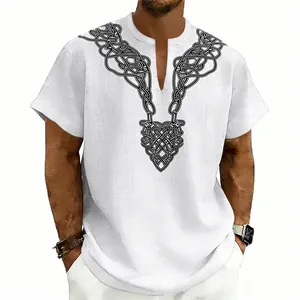 Detailed view of white linen-blend shirt featuring a black Celtic knot rune print design