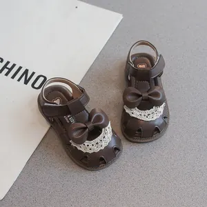 Sandalias marrones para niñas con lazo y encaje, zapatos de suela blanda para verano