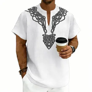 Men's V-neck linen short sleeve shirt featuring a black Celtic rune print on chest