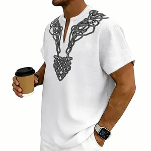 Men's casual summer slub linen V-neck short sleeve shirt with black rune print patterns