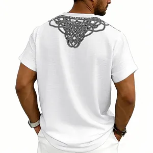 Detail view of men's white linen t-shirt with black Nordic rune print on the back.