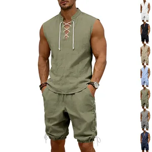 Men's sleeveless linen set with lace-up collar and drawstring shorts in olive green