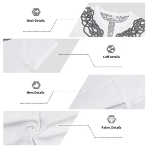 Detail view showing the neck, cuff, hem, and linen-like fabric of a white rune shirt.