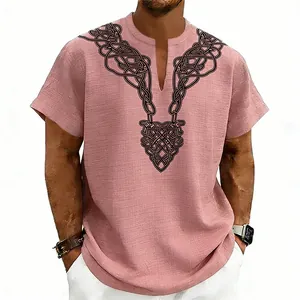 Detail view of men's pink linen shirt with Celtic rune print around the V-neck