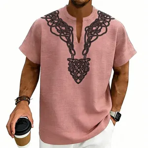 Detailed view of the Celtic knot print and slub linen texture on a pink V-neck shirt