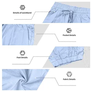 Detailed views of waistband, pockets, and fabric texture on light blue linen shorts