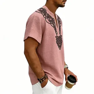 Casual pink slub linen short sleeve shirt for men with Nordic knot V-neck print design