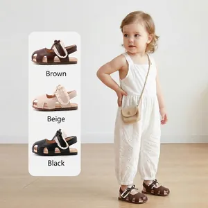 Peutermeisje dichte sandalen met strik en kant getoond in bruin beige en zwart