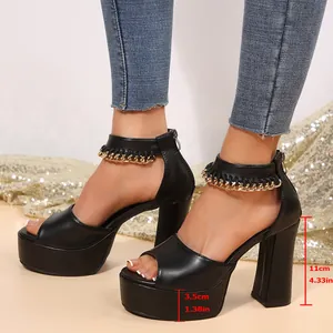 Detalle de sandalias negras con plataforma, tacón grueso y correa de cadena dorada