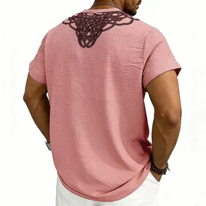 Detailed back view of men's casual pink slub linen t-shirt featuring a Celtic knot print