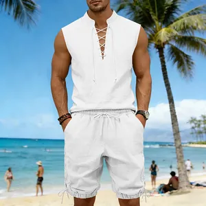Detailed view of white linen sleeveless top and lace-up shorts beach set for men