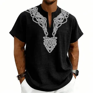Detail of men's black slub linen V-neck shirt with white Celtic knot print on chest