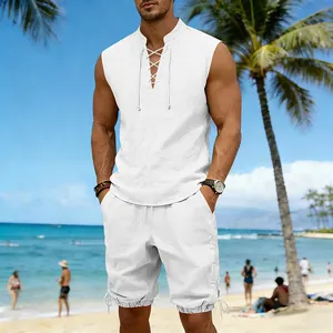 Men's white linen sleeveless top and matching shorts set with stylish beach lace-up detail