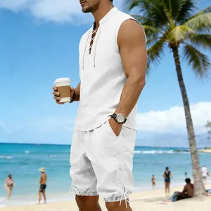 Men's casual white linen sleeveless lace-up top and drawstring shorts set on beach