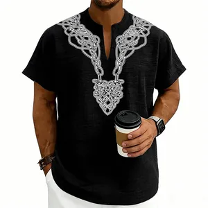 Detail view of men's black linen shirt with white Celtic rune print at V-neckline