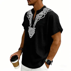 Detailed view of black slub linen men's casual shirt featuring white celtic rune print