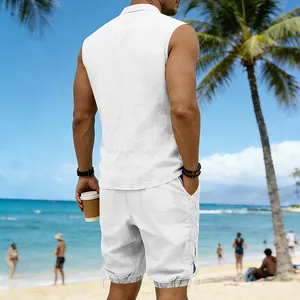 Back view of men's white linen sleeveless shirt and shorts set featuring side lacing design