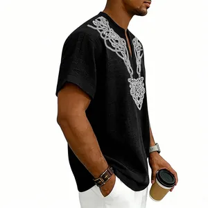 Men's black slub linen shirt detail featuring unique white rune prints on the V-neck