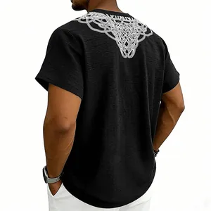 Detailed back view of men's black slub linen t-shirt featuring a white tribal rune print