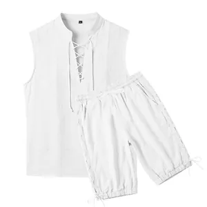Casual white men's sleeveless linen set with stand collar and lace-up shorts detail