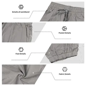 Close-up details of men's loose linen shorts showing waistband, pockets, and fabric texture