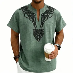 Detail view of men's summer green linen shirt featuring a unique black rune print