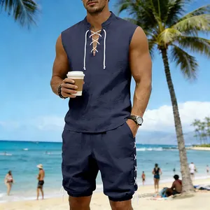 Detailed view of men's linen lace-up sleeveless top and matching shorts set in navy