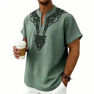 Detail shot of men's loose bamboo linen shirt with black Celtic rune print