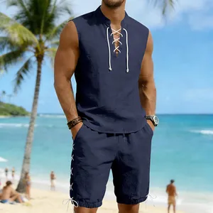 Close-up of navy blue men's sleeveless linen set with lace-up V-neck and shorts
