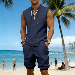 Men's casual navy blue linen-like sleeveless top and drawstring shorts beach set