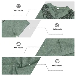 Detail views of men's linen V-neck shirt showing collar, cuff, and fabric texture