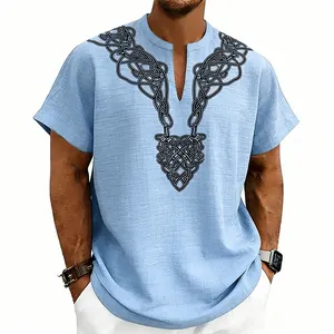 Close-up detail of men's light blue slub linen shirt featuring black rune print.