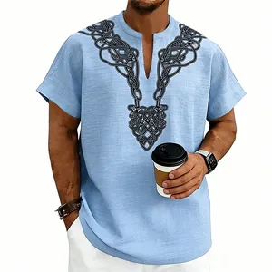 Close-up of men's summer linen-textured V-neck shirt featuring a black rune print