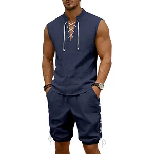 Men's navy blue sleeveless linen set featuring a stylish lace-up collar and shorts