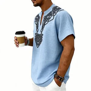 Detailed view of Celtic knot rune print on light blue V-neck men's casual shirt.