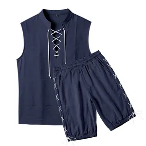 Detail view of navy linen-style sleeveless top and matching drawstring shorts set