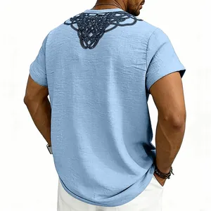 Men's light blue casual linen t-shirt with Nordic rune print on back, summer short sleeve.