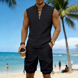 Men's black linen sleeveless suit with drawstring lace-up top and shorts on beach