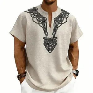 Close-up detail of a men's lightweight V-neck linen shirt featuring a black Celtic rune pattern