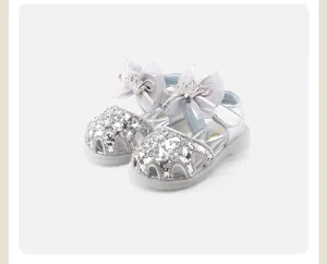 Elegant silver baby princess sandals with glittering sequins and crown bow decoration