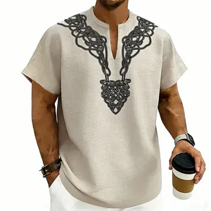 Detail of men's linen-look short sleeve shirt with Celtic rune print and V-neck